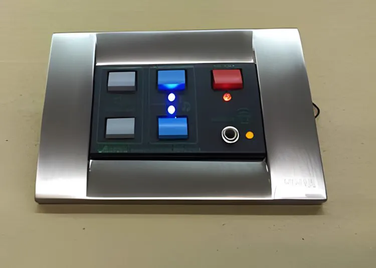 Panel de control de escenas de cerca, con el display y las teclas