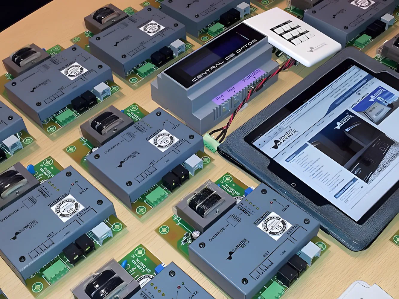 Los módulos de dimmer sobre la mesa de taller, junto a la tablet de programación