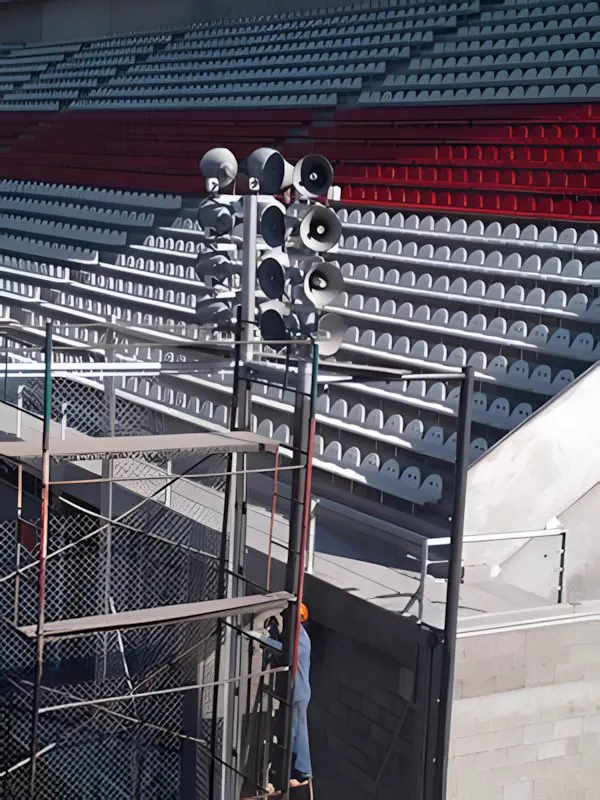 El mástil con el racimo de bocinas montado en un vértice de la cancha