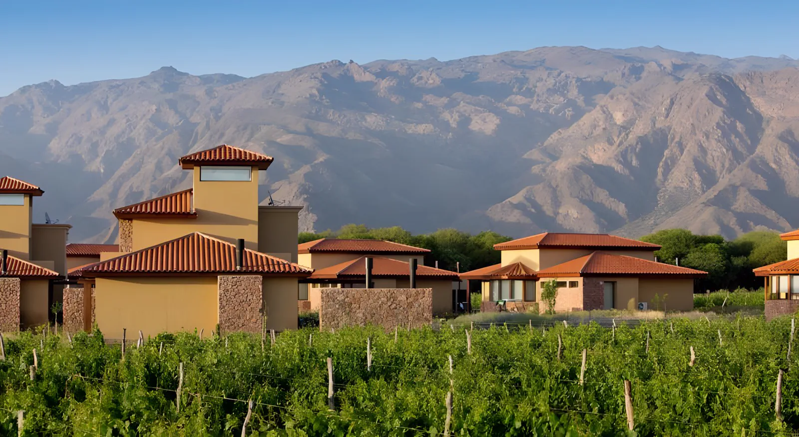 El hotel visto desde los viñedos, con los cerros al fondo