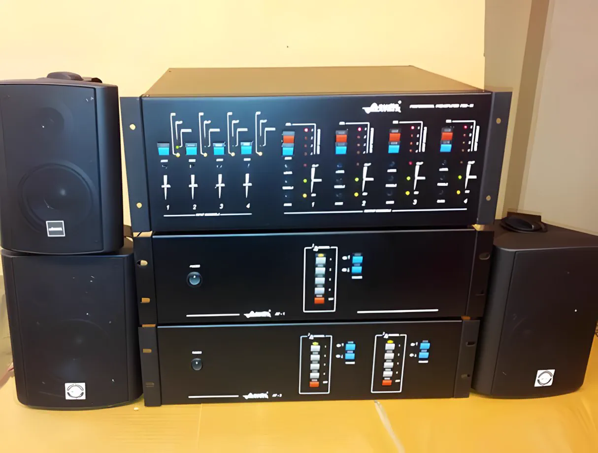 La matriz de audio digital montada en pared, con dos parlantes a los costados