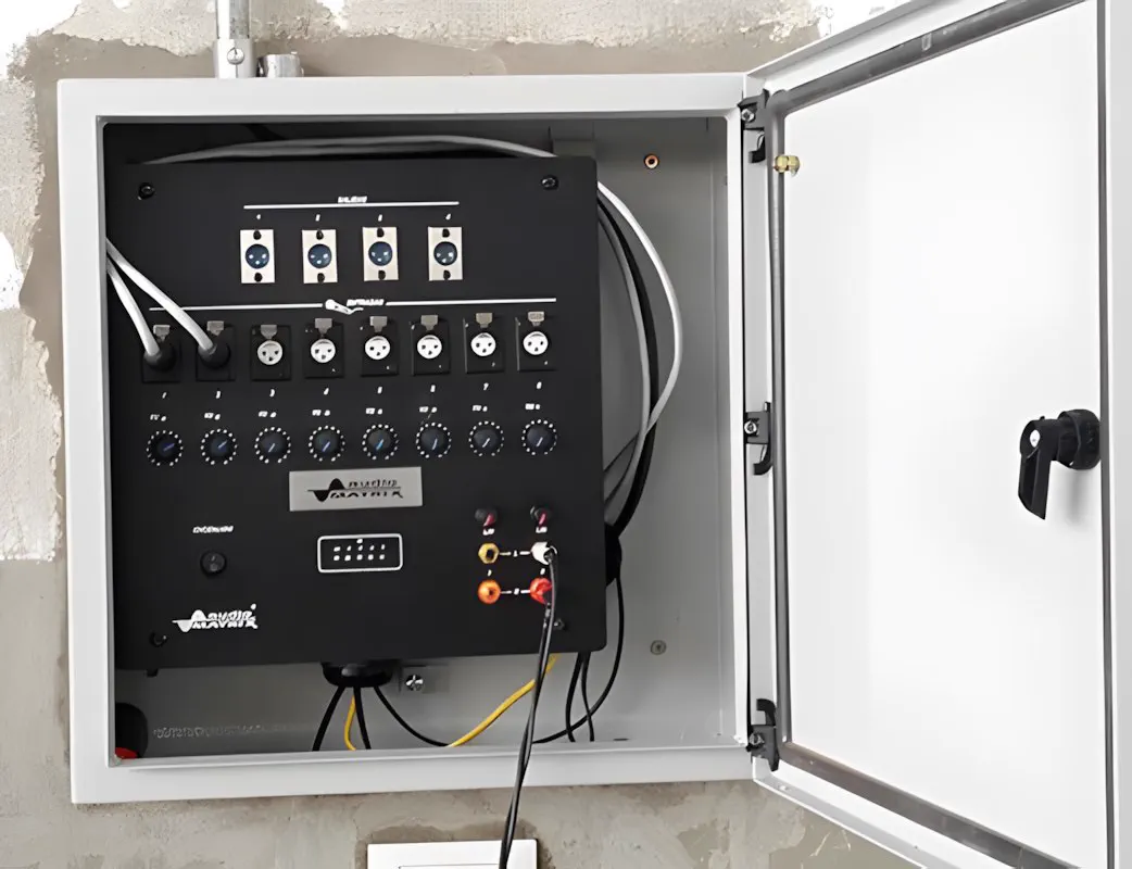 Panel de audio abierto, con los controles de nivel y las entradas al frente