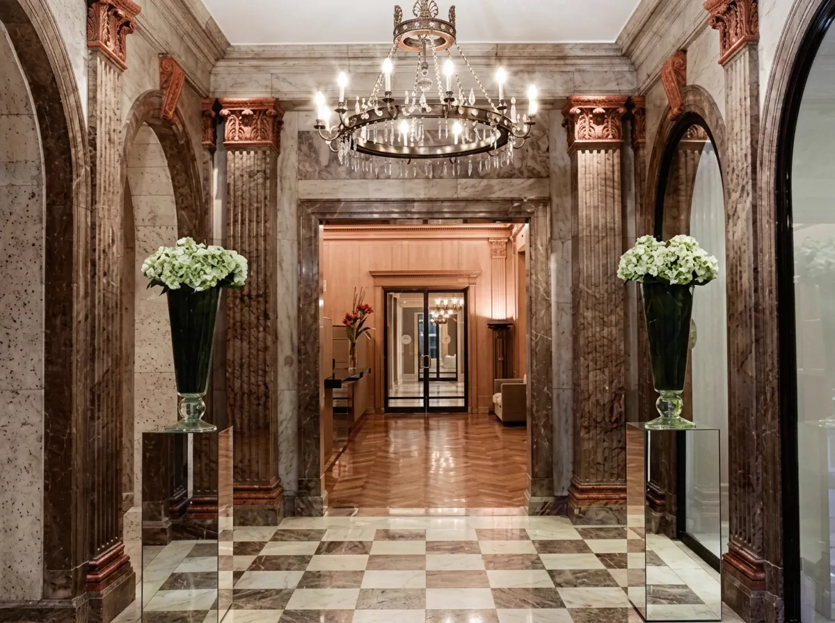 Lobby del Hotel NH Lancaster, con las arcadas de mármol y la araña encendida