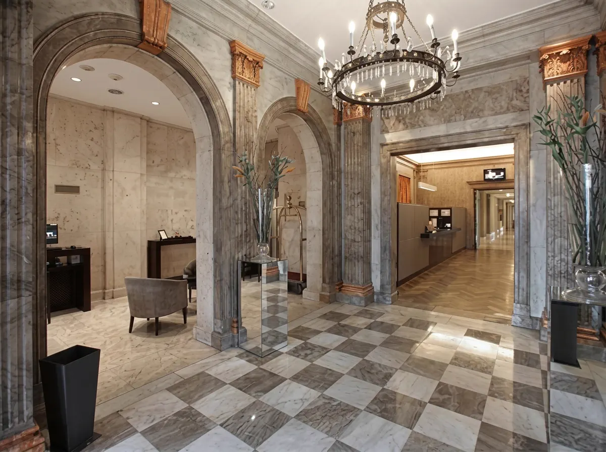 Otra vista del lobby, con las arcadas y la escalera al fondo