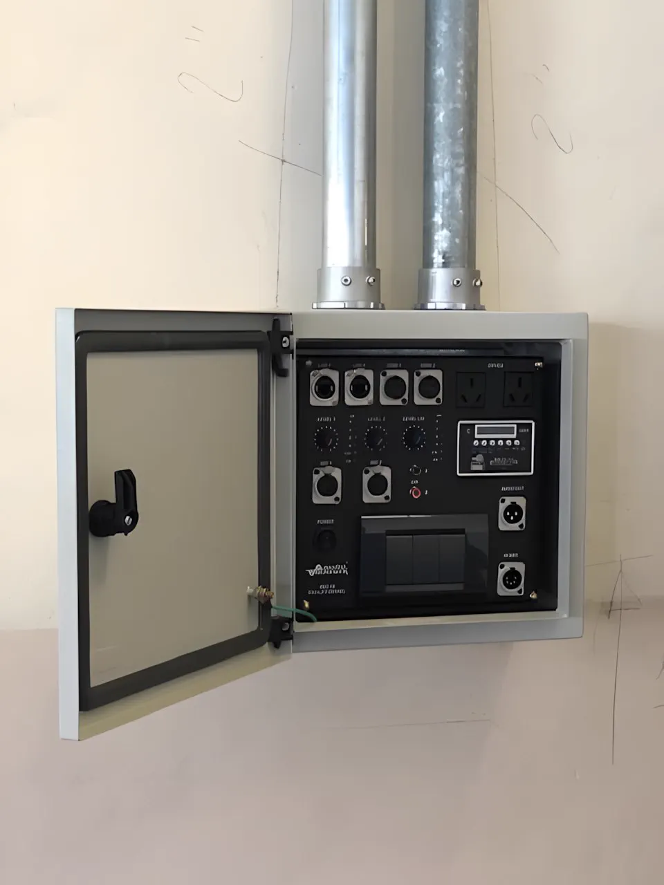Gabinete de pared abierto, con el panel de conexiones y el caño a la vista