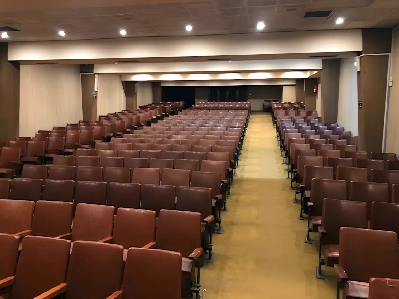 Auditorio del colegio visto desde el fondo, con las butacas vacías