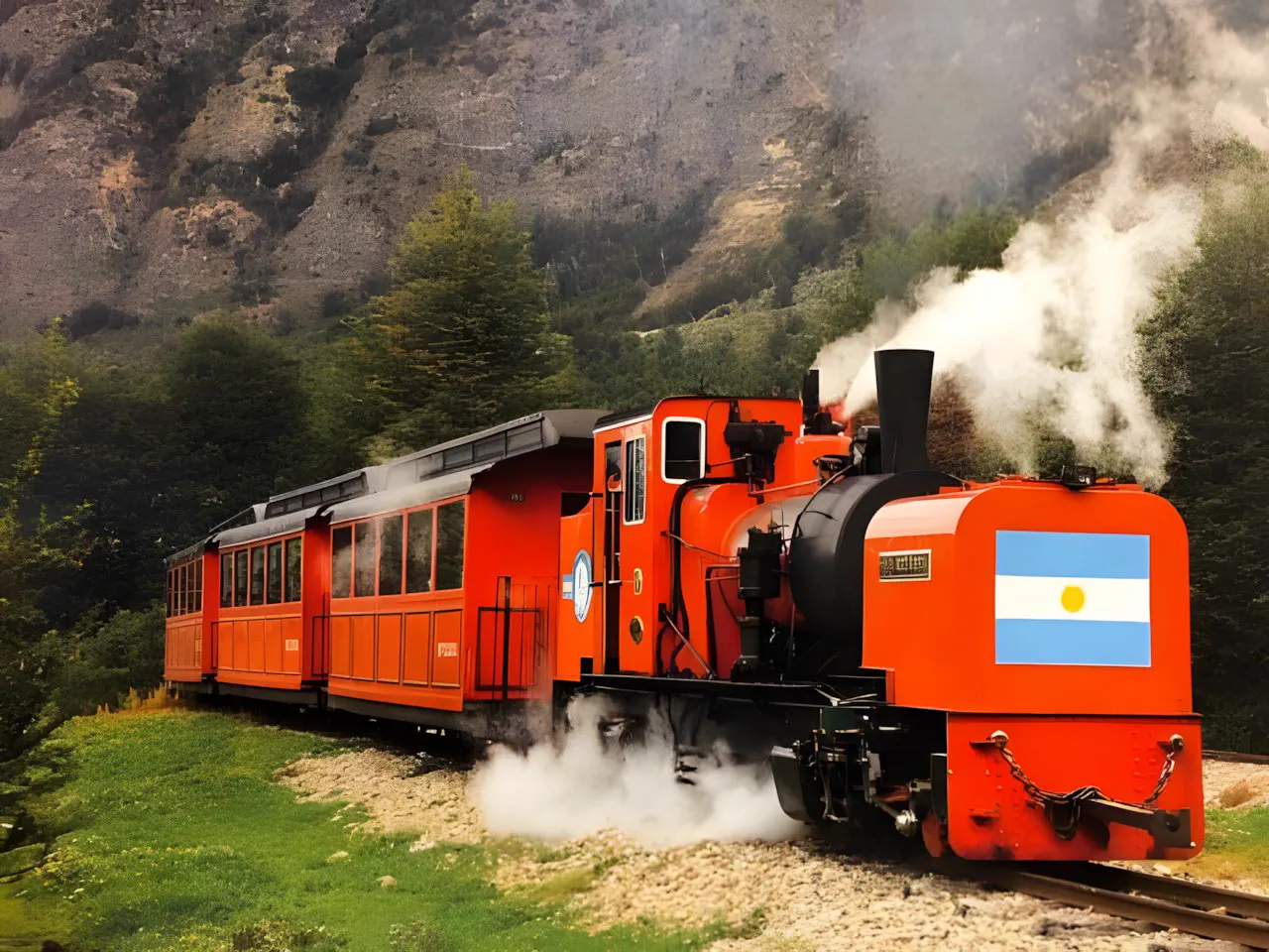 La locomotora a vapor del Tren del Fin del Mundo, con vapor saliendo de la chimenea