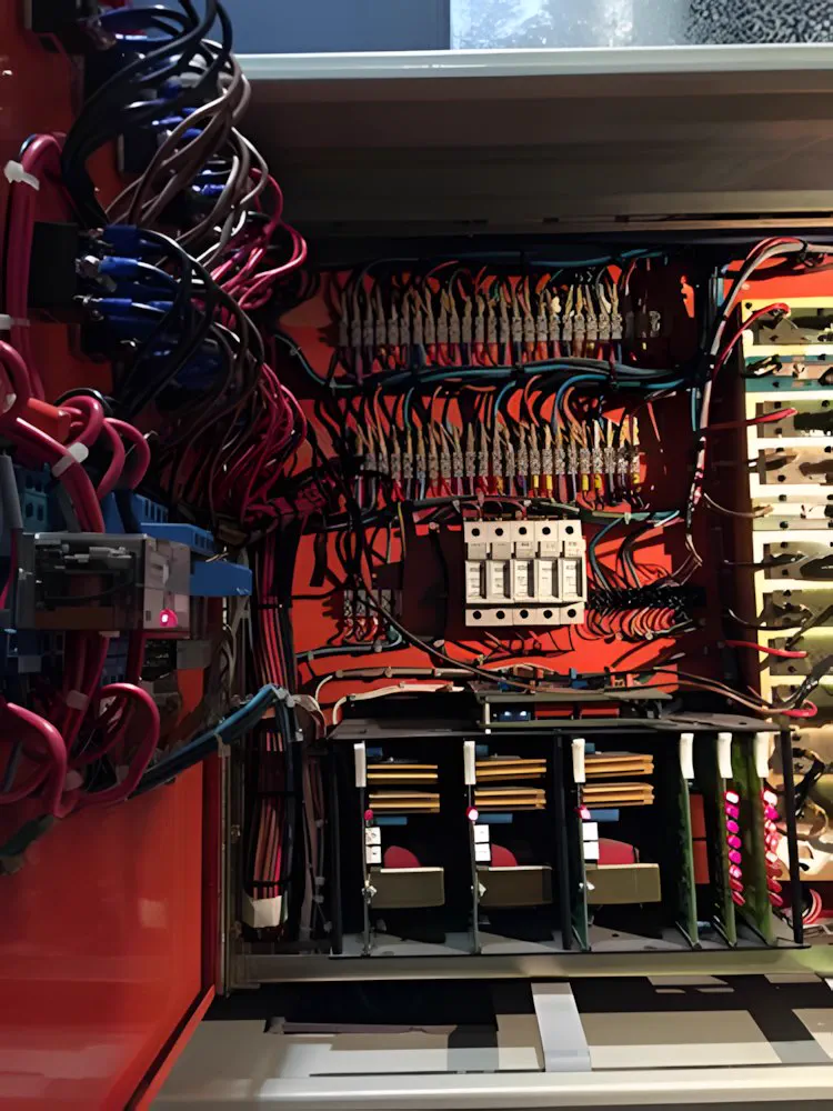 El tablero abierto, con el cableado de circuitos rotulado
