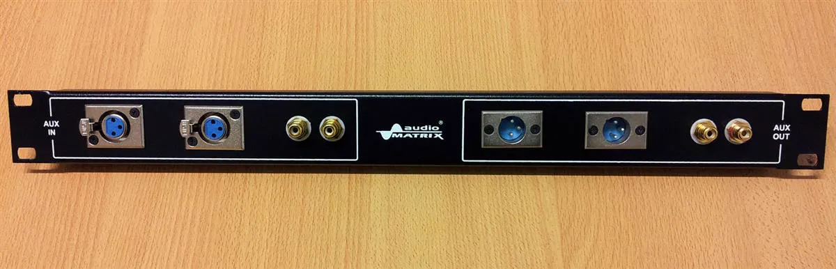 Panel de rack con conectores de audio y video repartidos en el frente