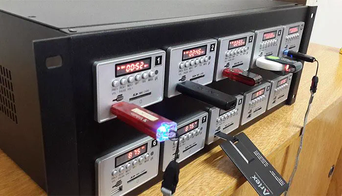 Dos módulos con los pen drive conectados y el display encendido